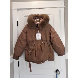 Xindaier Brown Hooded Parka Faux Fur Lined Coat Women's M Belted Winter